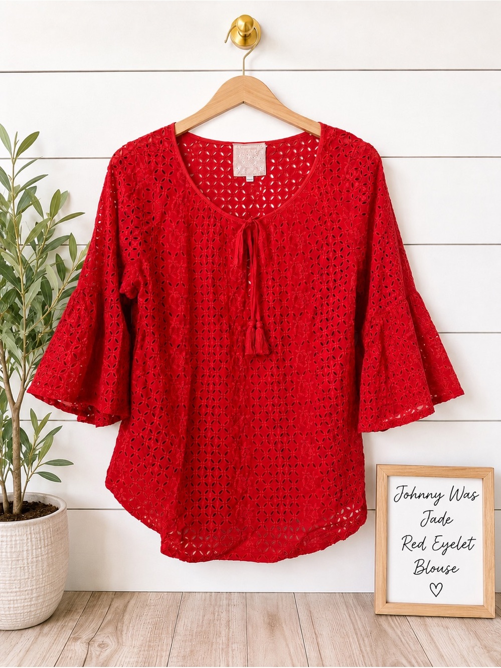 ❤️ Johnny Was Jade Red Eyelet Boho Tassel Tunic Top | Floral Cutout